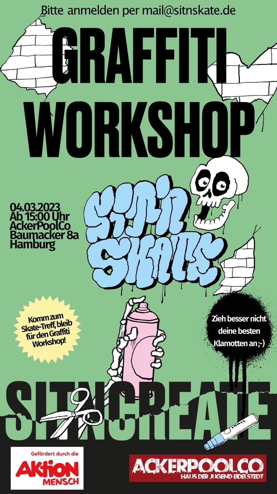 Veranstaltungsankündigung für Graffiti-Workshop am 4. März 2023 ab 15 Uhr im Ackerpoolco in Hamburg.