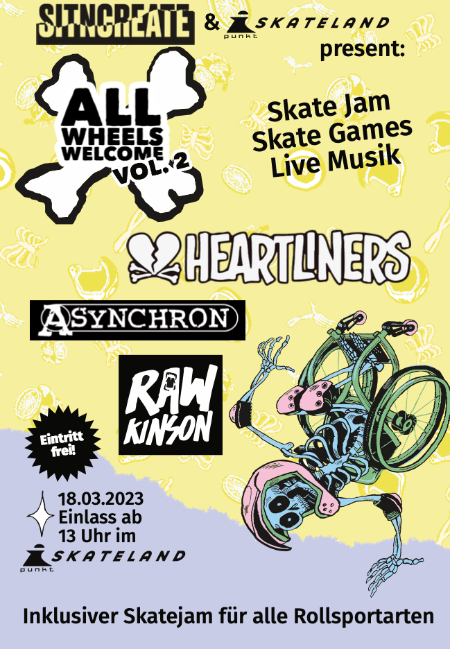 Veranstaltungsankündigung für All Wheels Welcome Jam in Hamburg am 18.3. im i Punkt Skateland mit den Bands Heartliners, Rawkinson und Asynchron. 