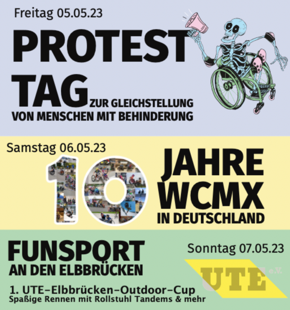 Veranstaltungsinformation für den 5. Mai 2023 als Protesttag, 6. Mai 10 jahre WCMX, 7. Mai Funsport an den Elbbrücken