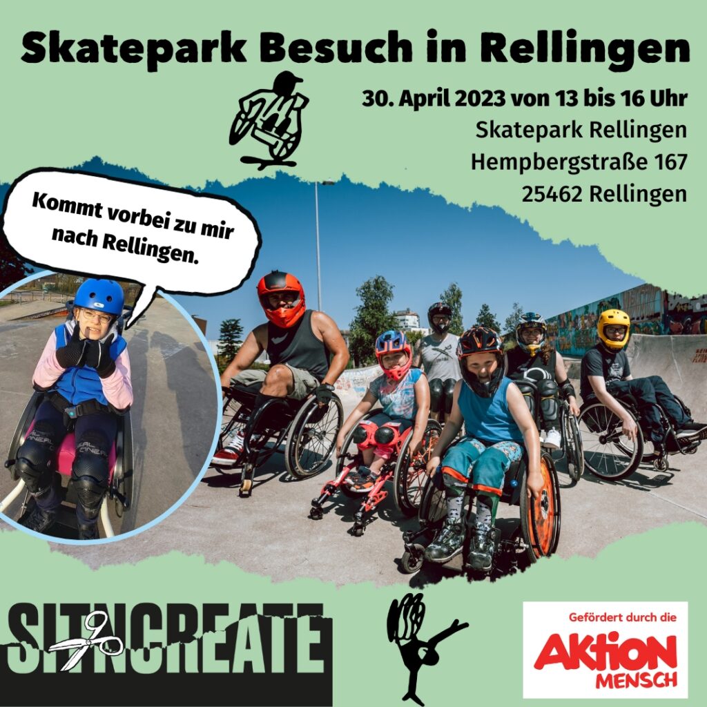 Veranstaltungsankündigung Skateoark besuch in Rellingen am 30. April von 13 bis 15 Uhr. Rollstuhlfahrer im Skatepark im Hintergrund.
