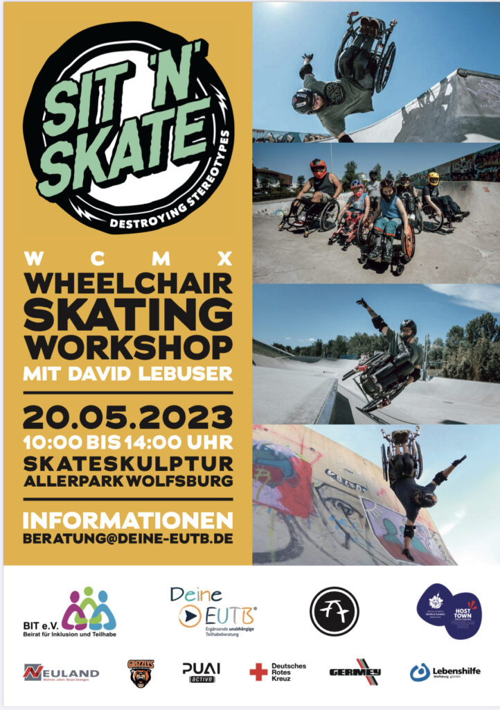 Veranstaltungsplakat für einen WCMX Wheelchair Skate Workshop am 20. Mai von 10 bis 14 Uhr an der Skateskulptur im Allerpark in Wolfsburg.
