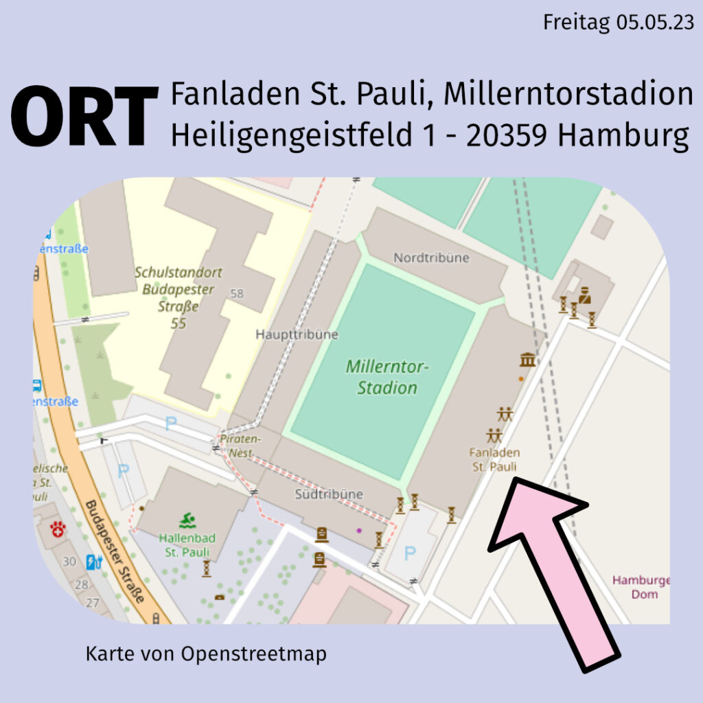 Eine Karte vom Millerntorstadion und dem Heiligengeistfeld. Ein Pfeil zeigt auf den Fanladen St. Pauli.