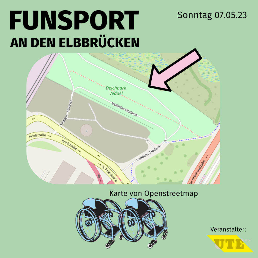 Eine Karte vom Deichpark Veddel. Ein Pfeil zeigt darauf. Man sieht umliegende Wege und Straßen