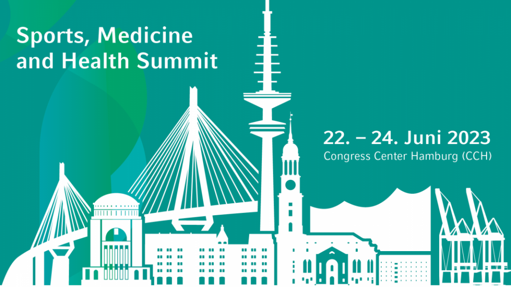 Veranstaltungshinweis zum Sports Medicine und Health Summit in Hamburg vom 22. bis 24. Juni 2023 im Congress Center Hamburg (CCH). Zu sehen ist eine illustrierte Skyline von Hamburg.
