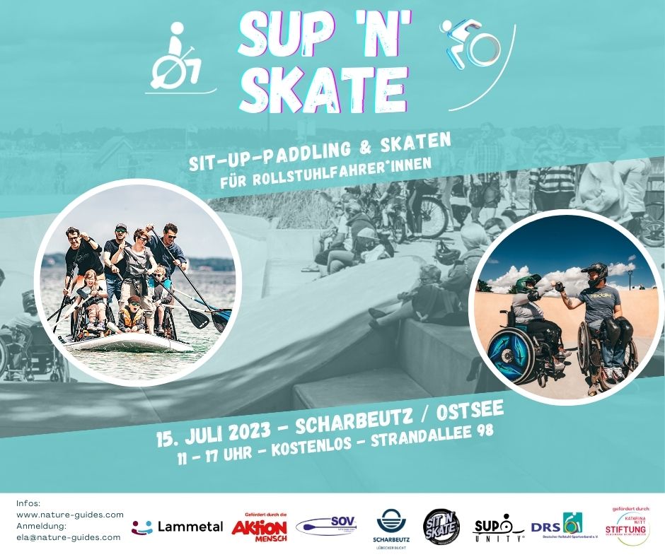 Veranstaltungsankündigung für SUP N SKATE am 15 . Juli 2023 in Scharbeutz an der Ostsee von 11 bis 17 Uhr Strandallee 98 . kostenlos.