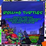 Veranstaltungsankündigung für Rolling Turtles, inklusives Skate Event am 23. Juli in Frankfurt am Main Osthafenpark von 13-17 Uhr.