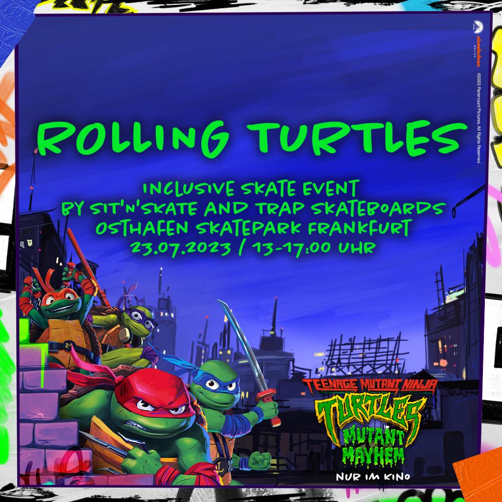 Veranstaltungsankündigung für Rolling Turtles, inklusives Skate Event am 23. Juli in Frankfurt am Main Osthafenpark von 13-17 Uhr.