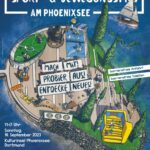 Veranstaltungsposter für Inklusive Sport und Bewegungstag am Phönixsee in Dortmund von 11 bis 17 Uhr am 10. September 2023 auf der Kulturinsel Phönixsee. Zu sehen sind eine gezeichnete Insel mit vielen Sportangeboten. Es steht weiterhin drauf, dass die Anfahrt und Toiletten barrierefrei sind. Bei Fragen Ansprechpartner sind J. Pernack Mailadresse: pernack@djk-dv-paderborn.de . Unten viele Logos.