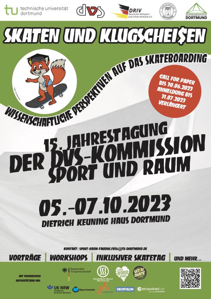 Veranstlatungsposter für die dvs Tagung Sport und Raum "Skaten und Klugscheißen" in Dortmund vom 5. bis 7. Oktober 2023