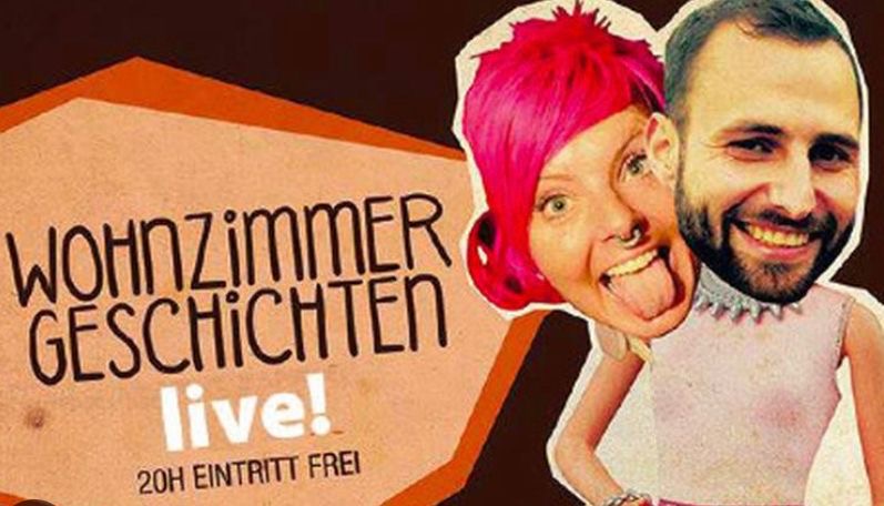 Veranstaltungsbanner für Wohnzimmergeschichten Live ab 20 Uhr , Eintritt frei. Zu sehen sind zwei ausgeschnittene Gesichter, die auf einen Körper gepackt worden sind.