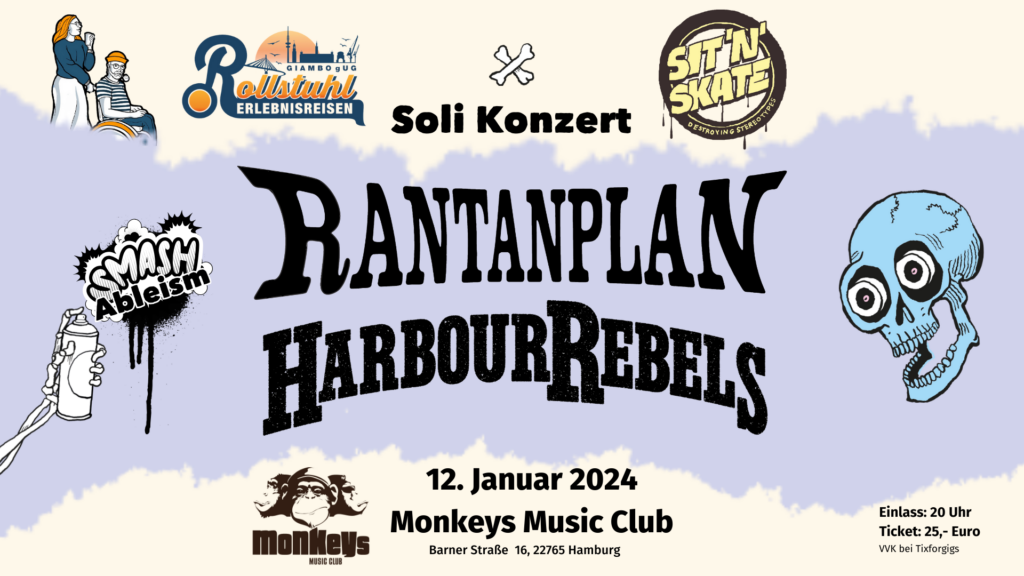 Veranstaltungsankündigung für ein Soli Konzert mit Rantanplan und Harbour Rebels am 12. Januar 2024 im Monkeys Music Club in Hamburg.