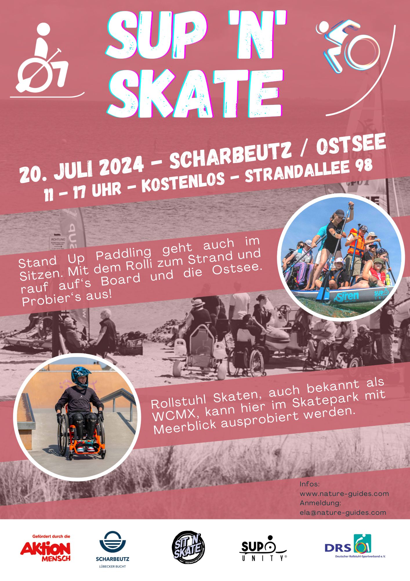 Veranstaltungsankündigung für SUP N SKATE am 20 . Juli 2024 in Scharbeutz an der Ostsee von 11 bis 17 Uhr Strandallee 98 . kostenlos. Mit weiteren Informationen zu Stand Up Paddeling und Rollstuhl Skaten. Steht auch im Text der Webseite