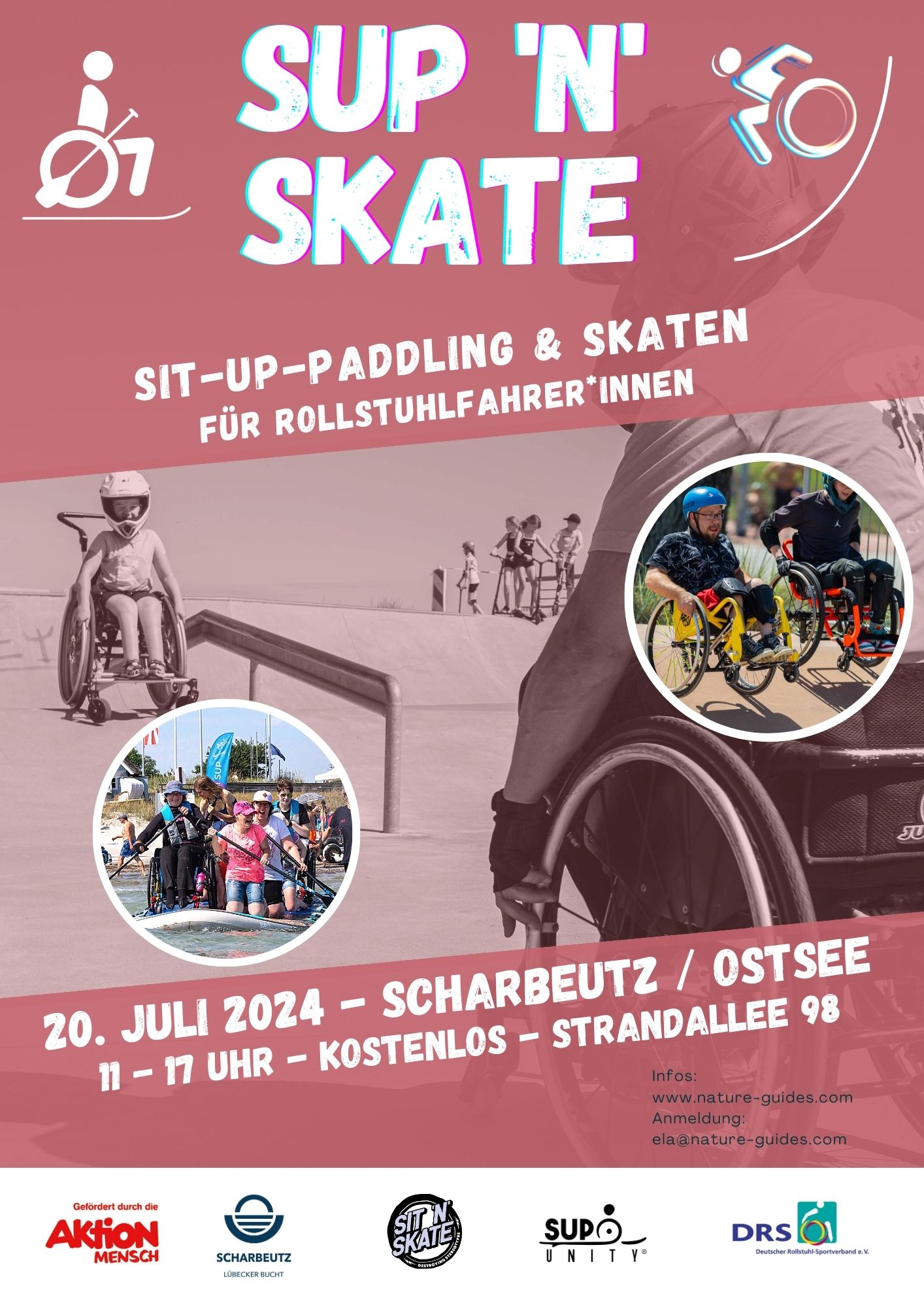 Veranstaltungsankündigung für SUP N SKATE am 20 . Juli 2024 in Scharbeutz an der Ostsee von 11 bis 17 Uhr Strandallee 98 . kostenlos.