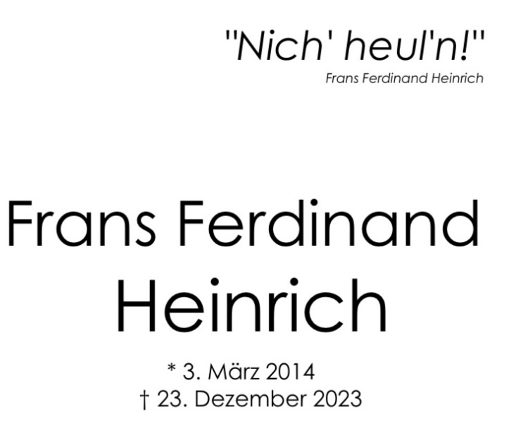 Foto enthält Text Frans Ferdinand Heinrich, geboren am 3. März 2014, gestorben am 23. Dezember 2023. Mit einem Zitat von ihm: "Nich heul'n"