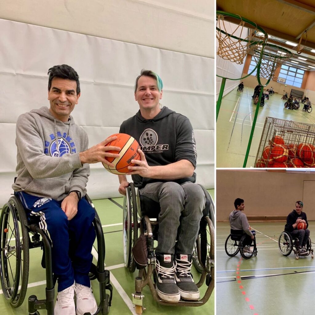 Eine Collage aus drei Fotos: Links sieht man zwei Rollstuhlfahrer in einer Sporthalle die gemeinsam einen Basketball festhalten. Rechts unten sieht man die beiden auf dem Spielfeld. Rechts oben sieht man Körbe und Bälle und im Hintergrund einige Kinder im Rollstuhl.