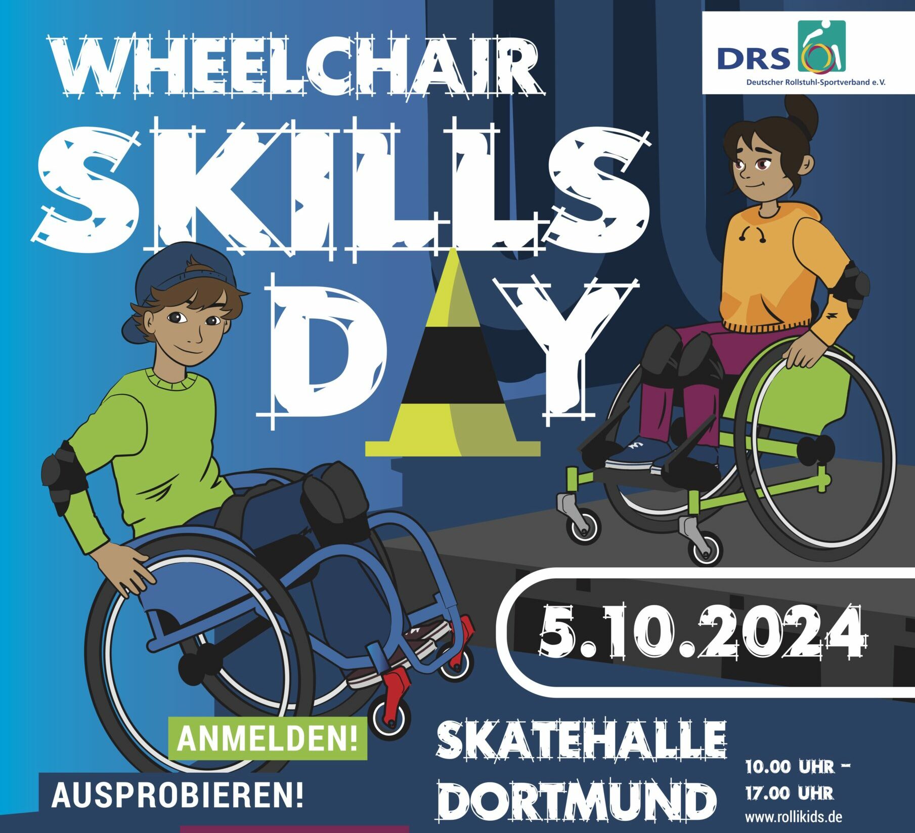 Veranstaltungsplakat für Wheelchair Skills Day am 5.10.2024 in der Skatehalle Dortmund von 10 bis 17 Uhr. Es sind zwei Comi Rollstuhlfahrer zu sehen.