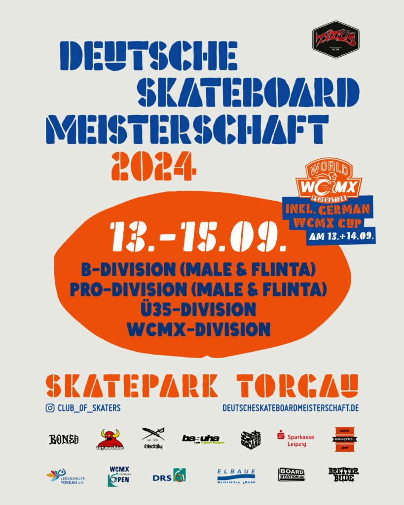 Plakat für die Deutsche Skateboard Meisterschaft 2024 am 13. bis 15. September in Torgau mit WCMX World Cup
