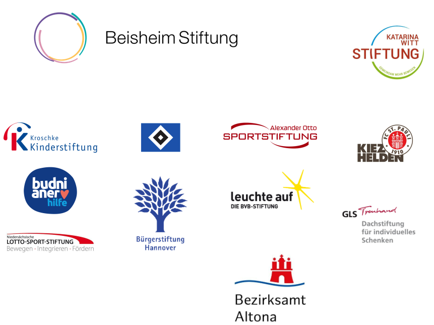 Logos der förderden Stiftungen: Beisheim Stiftung, Katarina Witt Stiftung, Kroschke Kinderstiftung, HSV Campus gGmbH, Alexander Otto Sport Stiftung, Kiezhelden des FC St. Pauli, budnianer hilfe, Bürgerstiftung Hannover, Leuchte Auf vom BVB09, GLS Treuhand, Bezirksamt Altona