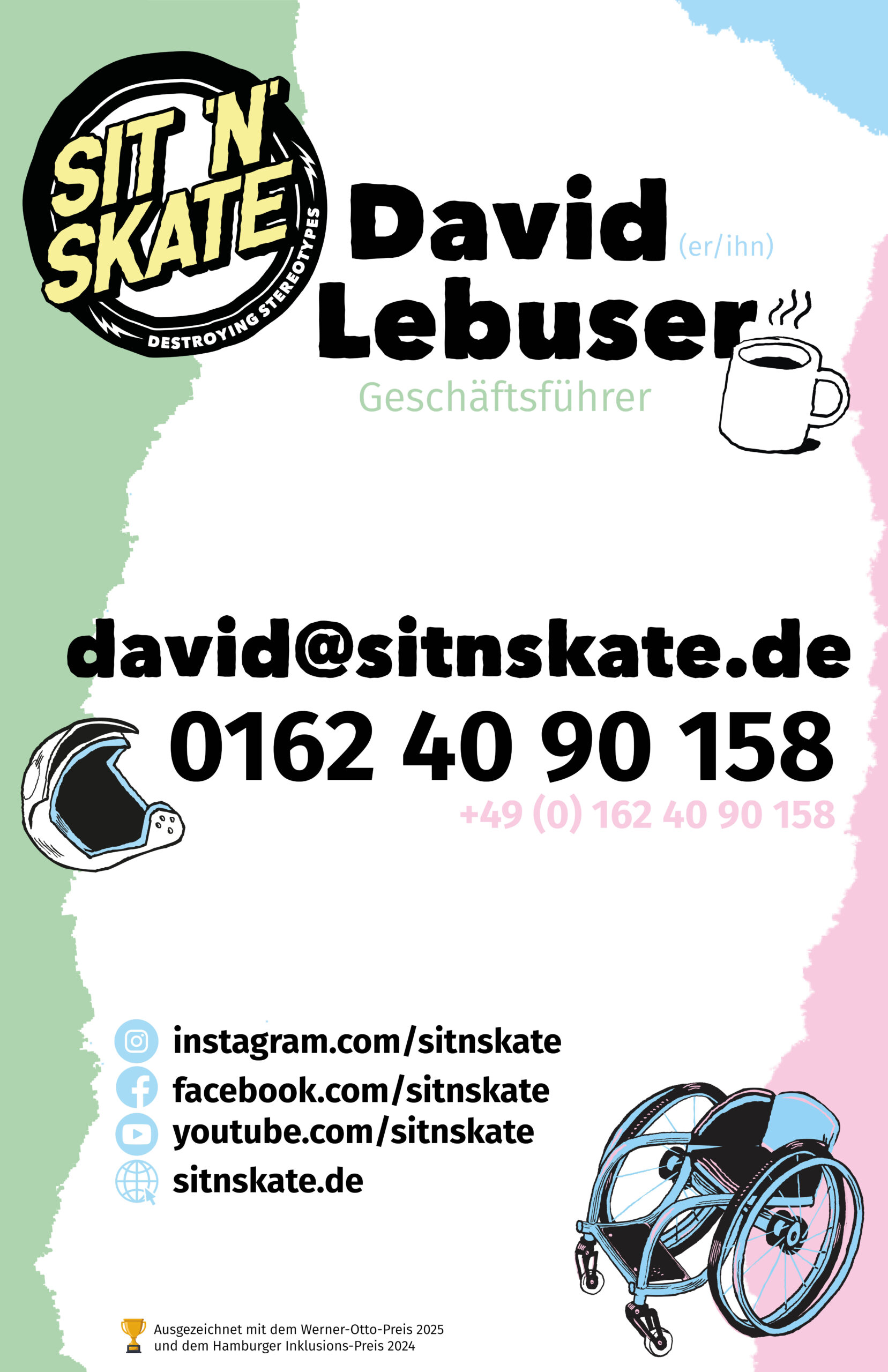 Visitenkarte von David Lebuser (er/ihn) Geschäftsführer david@sitnskate.de 01624090158 und Social Media Accounts von sitnskate