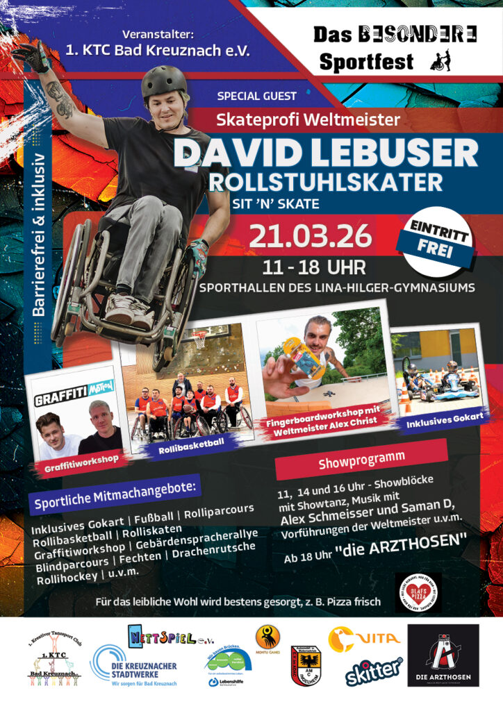 Veranstaltungsplakat für ein inklusives Sportfest in Bad Kreuznach am 21.03.2026. Zu sehen ist David Lebuser beim Rollstuhlskaten. Angekündigt werden verschiedene inklusive Sport- und Mitmachangebote, freier Eintritt und ein barrierefreies Programm.